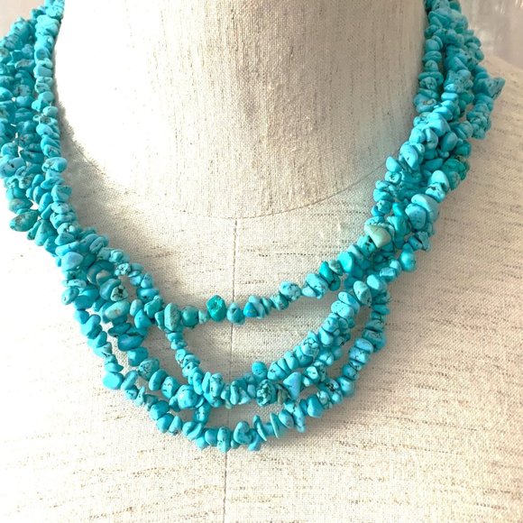 Vintage Turquoise Gemstone Chips Cluster Multi Strand Statement Collar Necklace - Picture 4 of 5